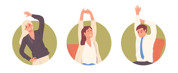 Vector round frame icons set with office people doing physical exercises to get rest and stress relief