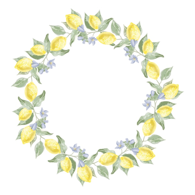 Round frame of lemon branches with lemons and flowers watercolor vector