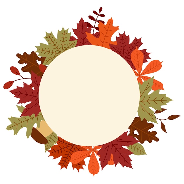 Vector round frame made of autumn leaves oak maple mushrooms berries twigs vector illustration fram