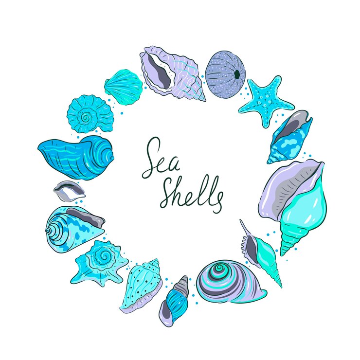 Vector round frame made of blue seashells isolated on white background vector graphics