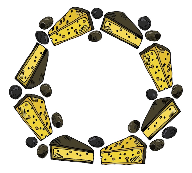 Round frame made of cheese in black packaging and olives