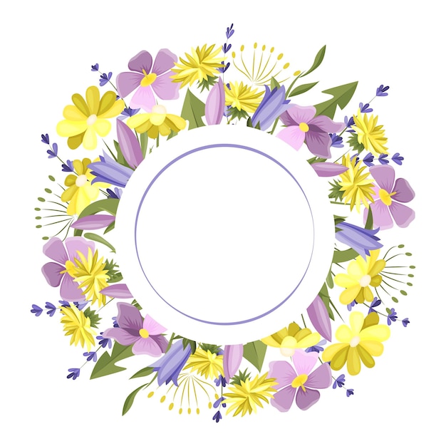 Round frame made of meadow flowers An empty space for the text Postcard A design element