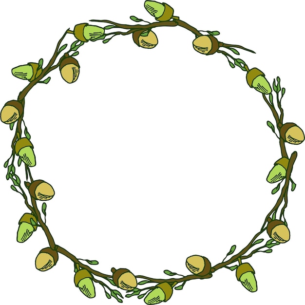 Round frame made of oak branches and acorns
