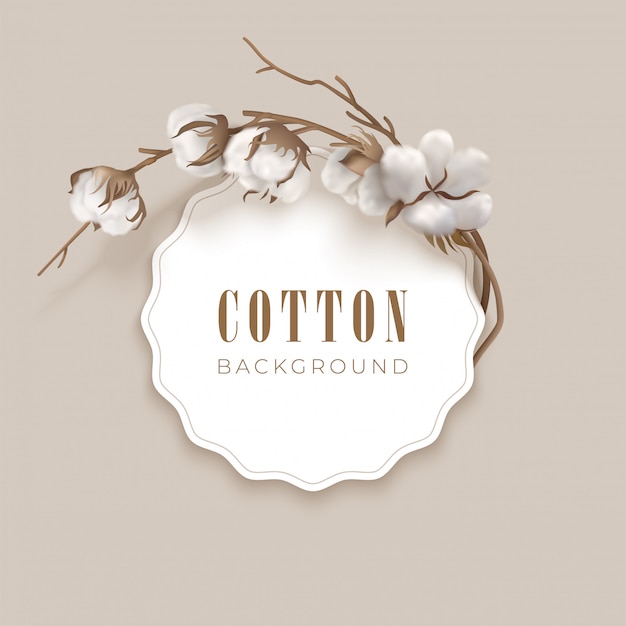 Round frame and place for text with cotton on a light background. white cotton buds and brown branch. vector illustration