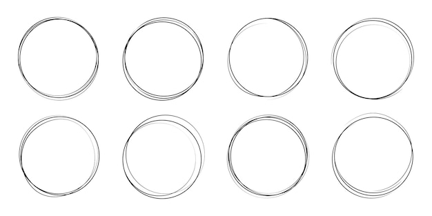 Round frame set in sketch style on transparent background. Hand drawn circular black lines.