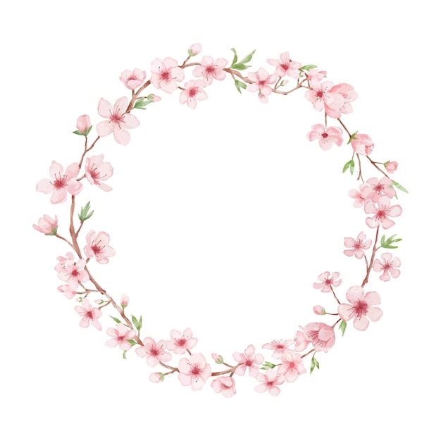 Vector round frame with branch of cherry blossom illustration watercolor painting sakura wreath