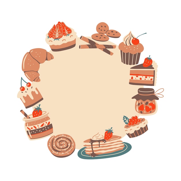 Round frame with dessert elements Vector wreath