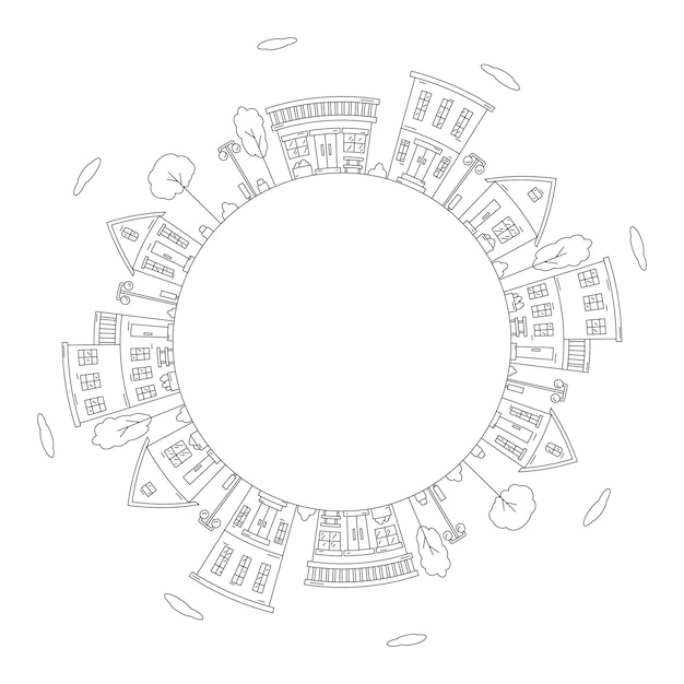 Round frame with a drawing of a city landscape made in the style of line art Editable stroke Vector illustration