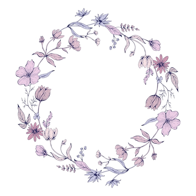 Cornice rotonda con scarabocchi di fiori. illustrazione disegnata a mano.