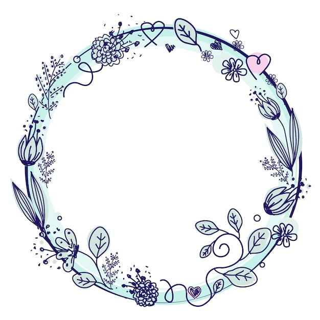 Vector round frame with flowers leaves and hearts vector clip art