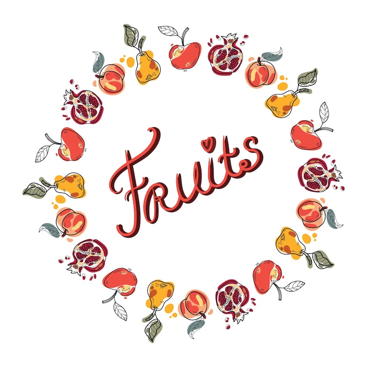 Vector round frame with fruits, apple, pear. peach, pomegranate. hand drawn doodle illustration with hand written lettering isolated on white background.