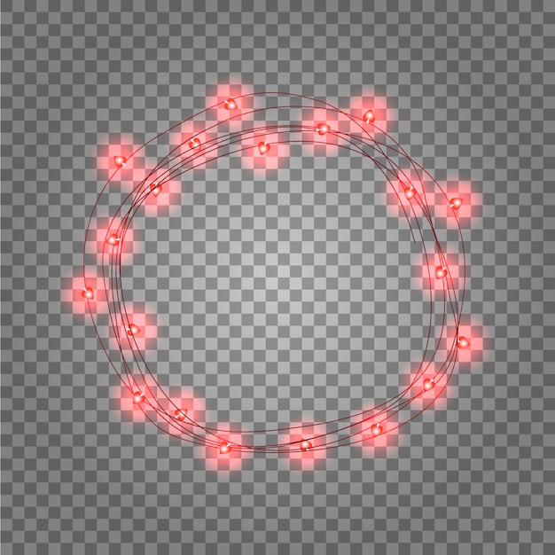 Round frame with glowing lights, garlands of red.