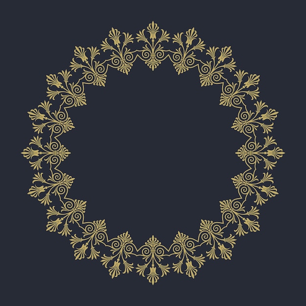 A round frame with gold leaves on a dark background
