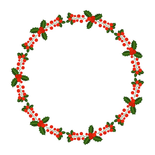 ホリーベリーの枝が付いた丸いフレーム。クリスマス、新年への扉の伝統的な花輪の装飾ボーダー。グリーティングカード、ビネット、バナー、休日のメール。
