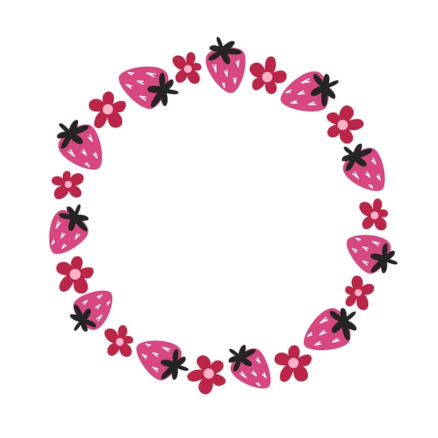 Round frame with magenta flowers and strawberries in a flat style