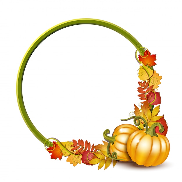 Round frame with orange pumpkins and autumnal maple leaves