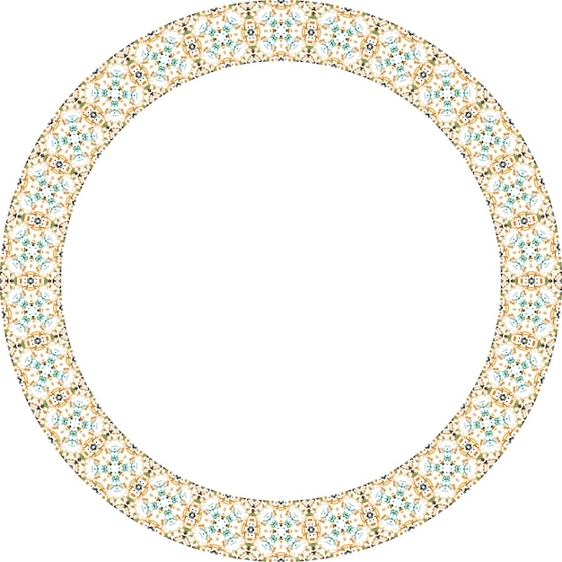 A round frame with a pattern of flowers and leaves.