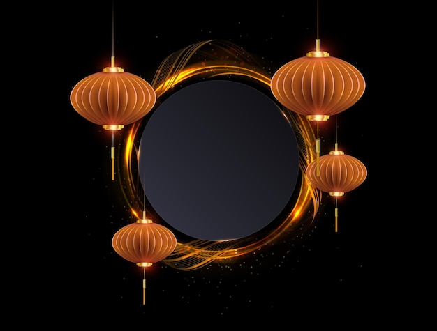 Round frame with pattern orange air lanterns in paper art style