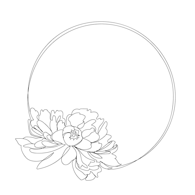 Round frame with Peony flower One line Peony flower vector illustration