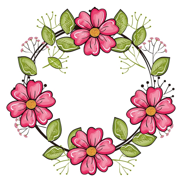 Round frame with  pink flowers and leaves 