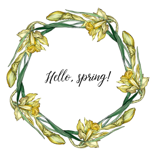 Round frame with pretty yellow daffodils. 