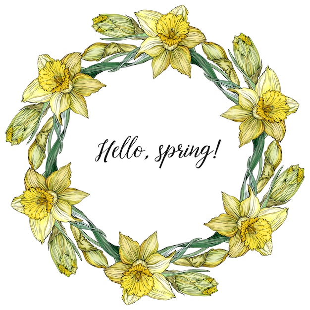 Round frame with pretty yellow daffodils. 