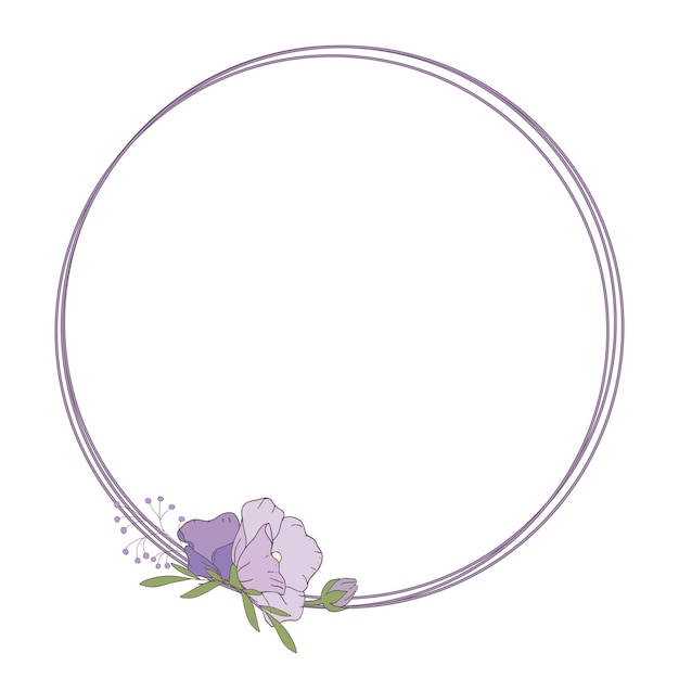 Round frame with purple flowers Botanical template with flowers Vector illustration