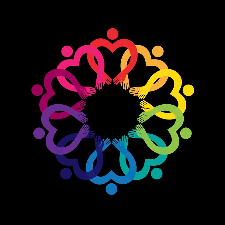 Vector round frame with rainbow hands world population day