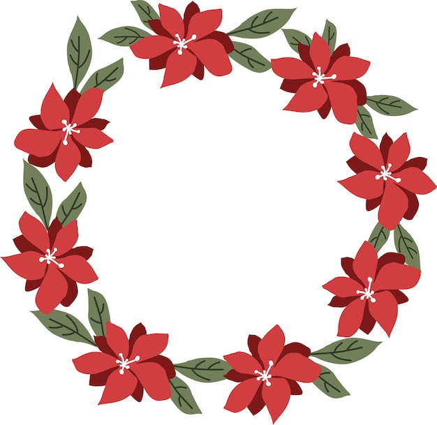 Round frame with red flowers Green round frame with leaves Vector frame Poinsettia