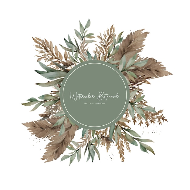 Vector round frame with wreath of leaves twigs pampas grass in natural style design for wedding invitations