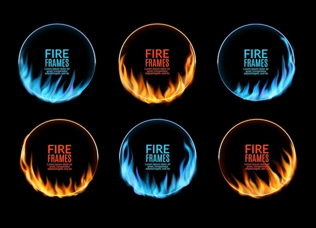 Vector round frames of gas and fire flames realistic vector circles of blue and hot red burning blaze 3d border lines of fire flashes inferno lights magic flare rings and fireballs on black background