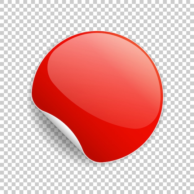 Round glossy red sticker with curled corner and shadow.