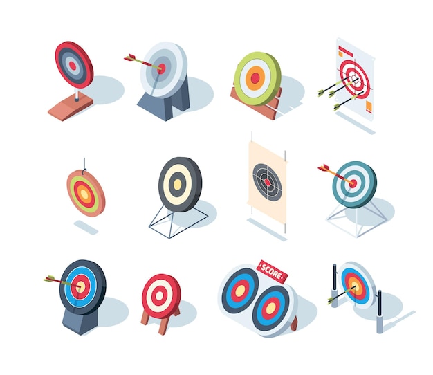 Round goals Business performance dartboard games successful goals for sport archery and arrows garish vector isometric illustrations