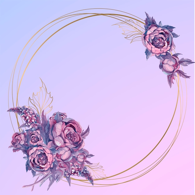 Vector round gold frame with a bouquet of watercolor flowers