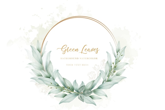 a round gold frame with a green leaf on a white background.