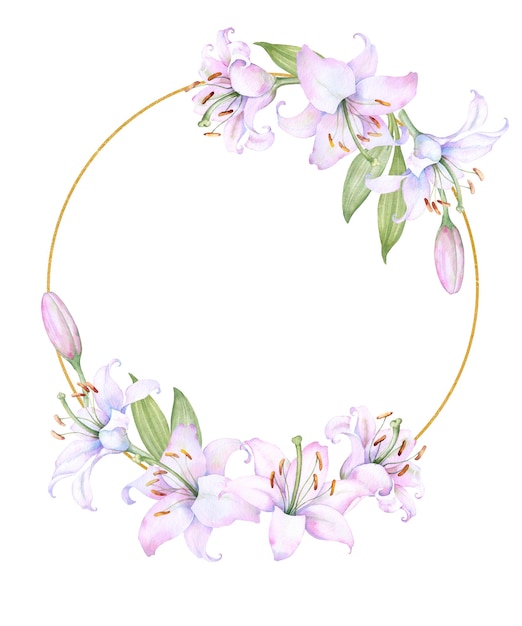 Vector round gold frame wreath with white and pink lily flowers watercolor illustration