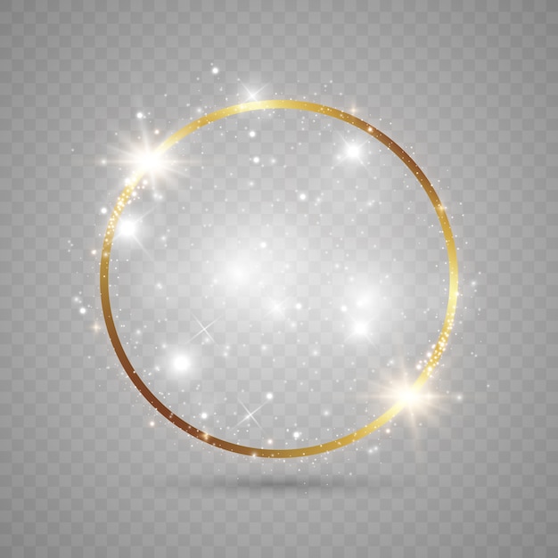 Round golden shiny frame with light bursts.