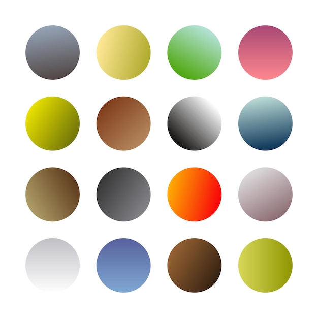 Round gradients spheres. set of sixteen trendy multicolored gradients. vector illustration