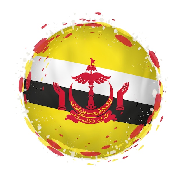 Round grunge flag of Brunei with splashes in flag color. Vector illustration.