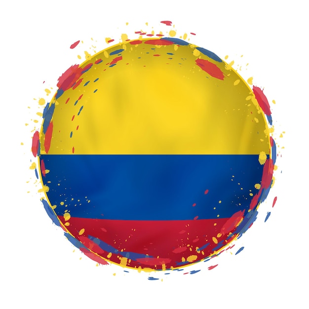 Round grunge flag of Colombia with splashes in flag color. Vector illustration.