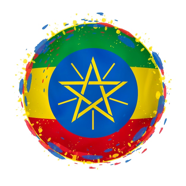 Round grunge flag of Ethiopia with splashes in flag color Vector illustration