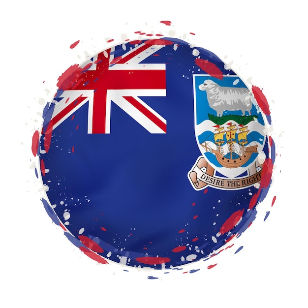 Round grunge flag of Falkland Islands with splashes in flag color. Vector illustration.