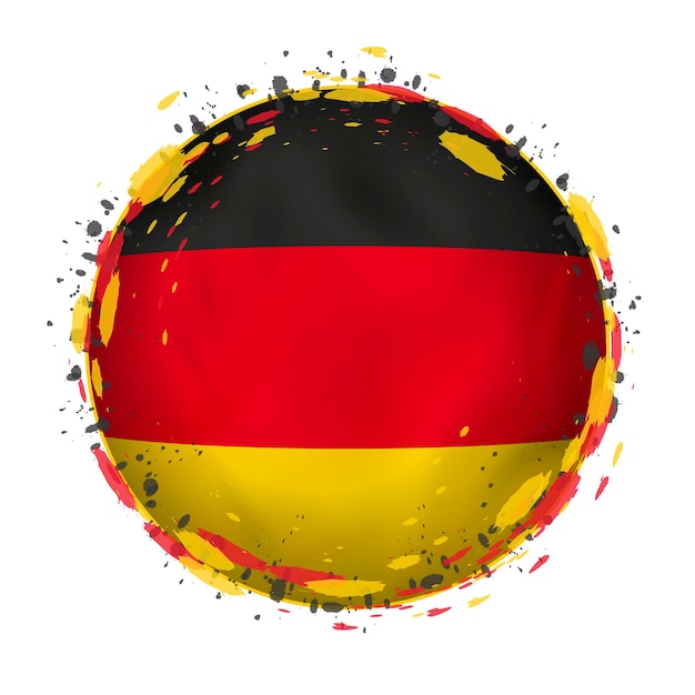 Round grunge flag of Germany with splashes in flag color. Vector illustration.