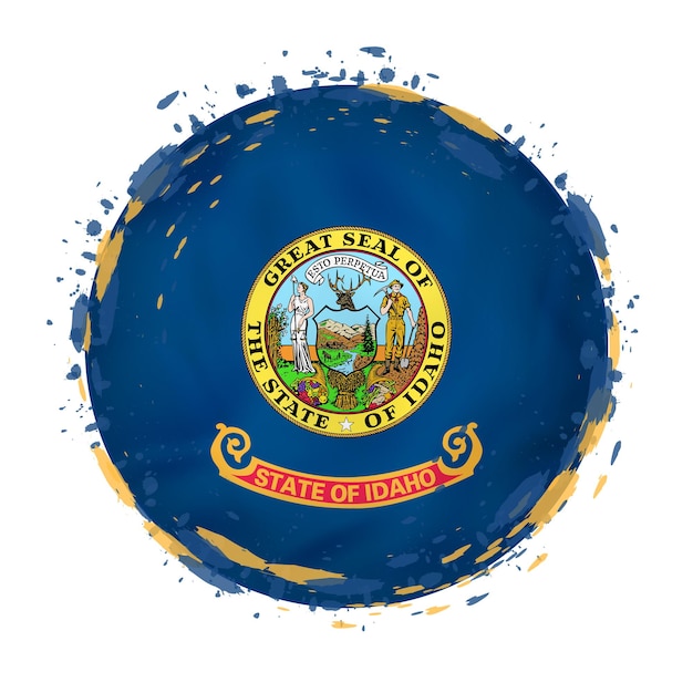 Круглый гранж-флаг штата Айдахо США с вкраплениями цвета флага Векторная иллюстрация