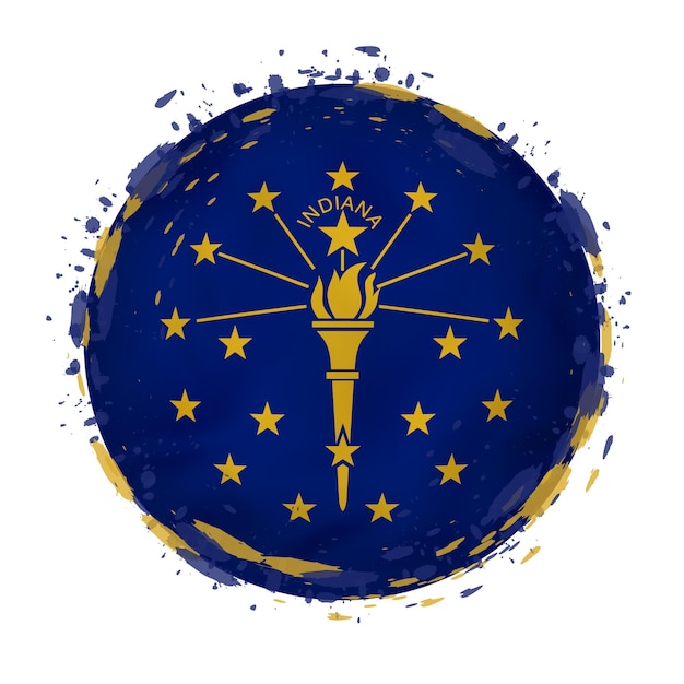 Круглый гранж-флаг штата Индиана США с вкраплениями цвета флага Векторная иллюстрация