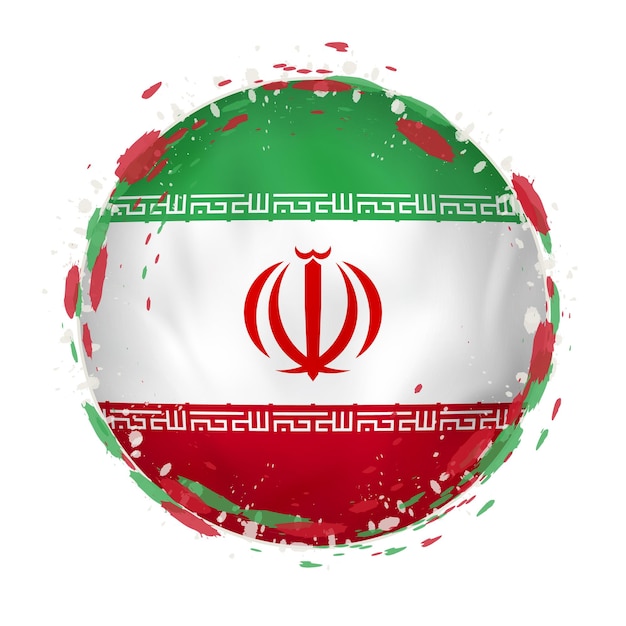 旗の色のスプラッシュとイランの丸いグランジ旗。ベクトルイラスト。