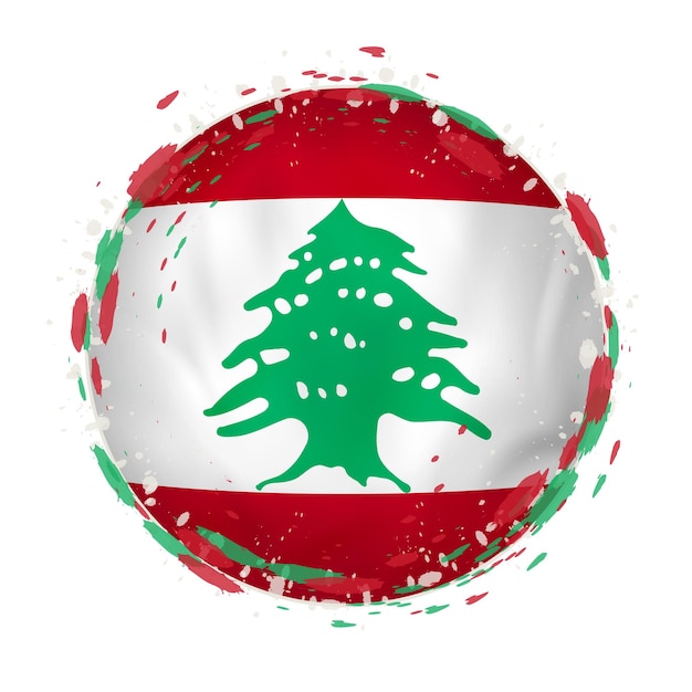 Round grunge flag of lebanon with splashes in flag color. vector illustration.