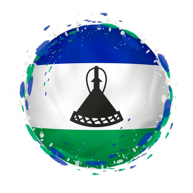 Round grunge flag of Lesotho with splashes in flag color Vector illustration