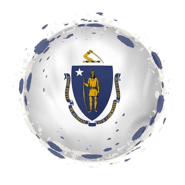 Круглый гранж-флаг штата Массачусетс США с вкраплениями цвета флага Векторная иллюстрация