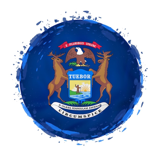 Круглый гранж-флаг штата Мичиган США с вкраплениями цвета флага Векторная иллюстрация
